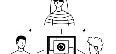 Eine Illustration auf der drei Meschen mit Sehbehinderung um einen Computer herrum stehen.