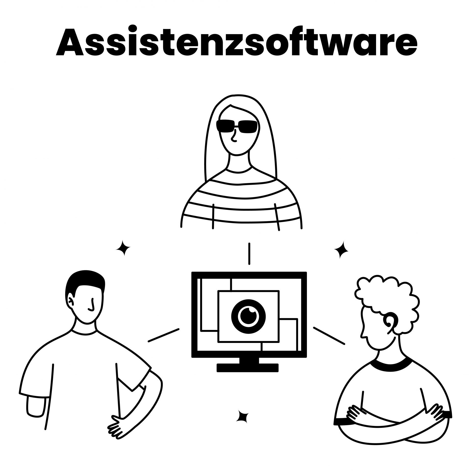 Eine Illustration auf der drei Meschen mit Sehbehinderung um einen Computer herrum stehen.