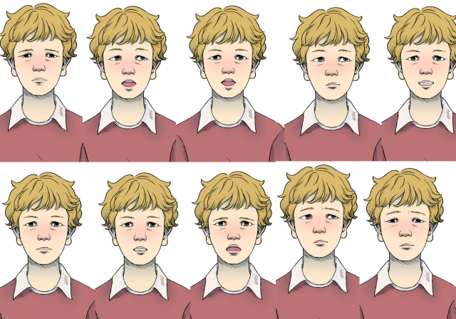 Eine Illustration eines Jungen der mehrmals mit unterschiedlichen Gesichtsausdrücken gezeigt wird.