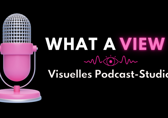Eine Illustration mit einen Mikrofon und der Aufschrift: What A View - Visuelles Podcast-Studio.